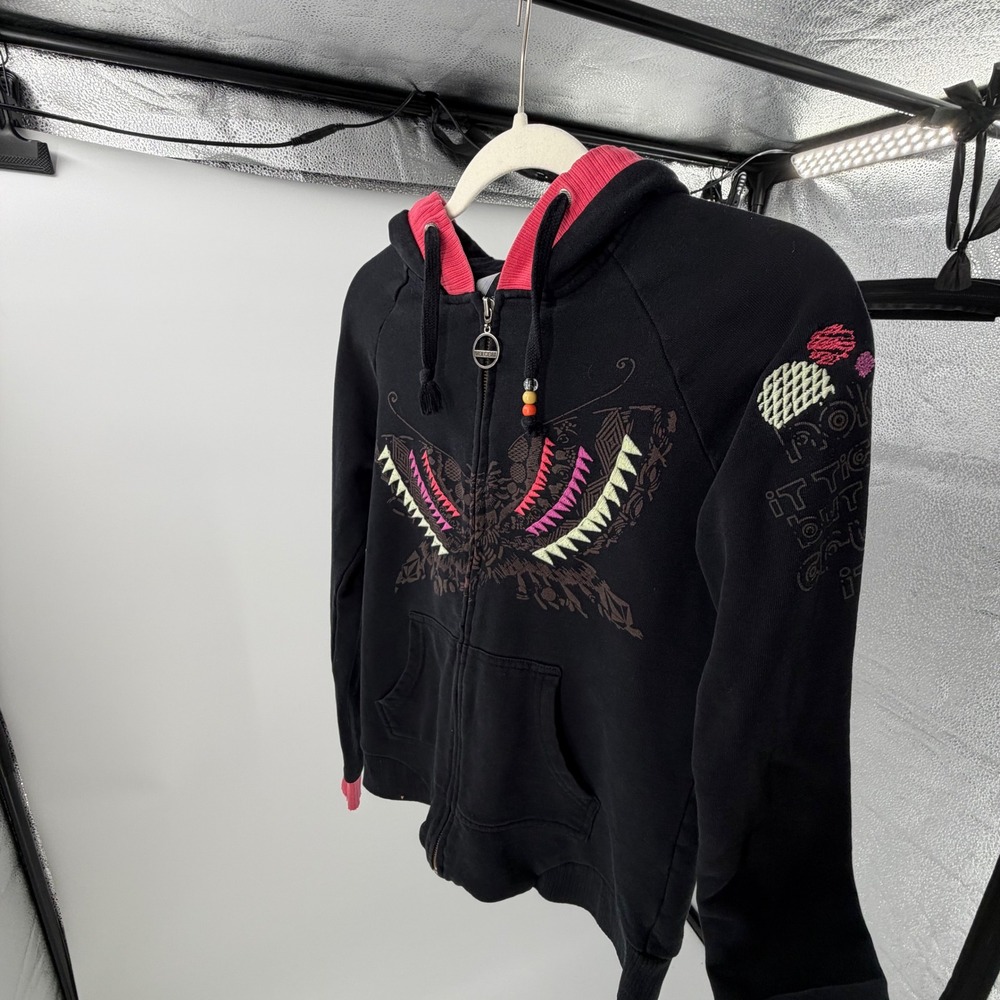 Y2K Volcom Womens Black Pink Graphic Zip Up Hoodie Y2K Butterfly Skate - Picture 2 of 8